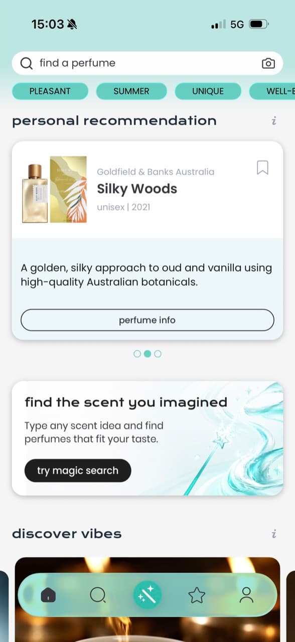 scented.ai home screen with AI recommendations